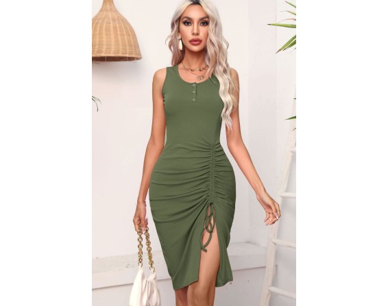 Drawstring Ruched Slit Sleeveless Dress