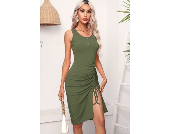 Drawstring Ruched Slit Sleeveless Dress