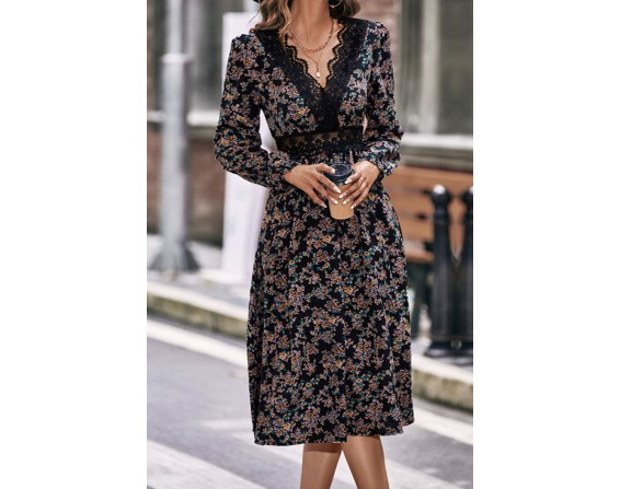 Floral Spliced Lace V-Neck Dress