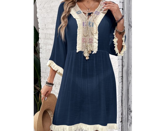 Fringe Tie Neck Three-Quarter Sleeve Cover Up