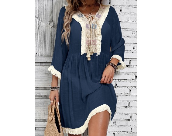 Fringe Tie Neck Three-Quarter Sleeve Cover Up