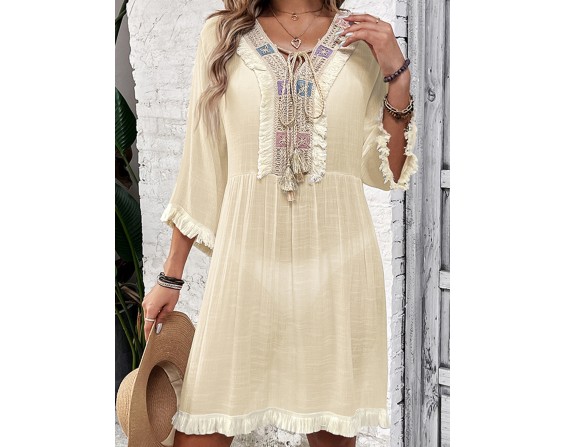 Fringe Tie Neck Three-Quarter Sleeve Cover Up