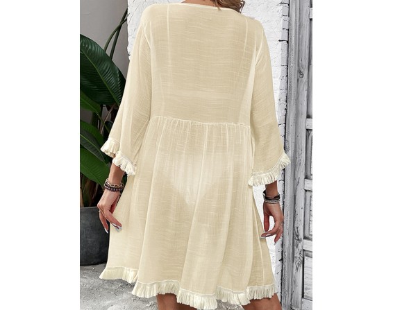 Fringe Tie Neck Three-Quarter Sleeve Cover Up