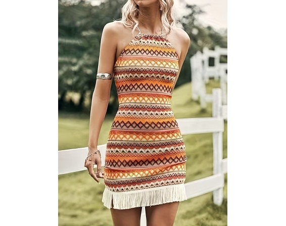 Full Size Fringe Grecian Neck Dress