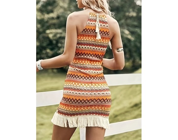 Full Size Fringe Grecian Neck Dress