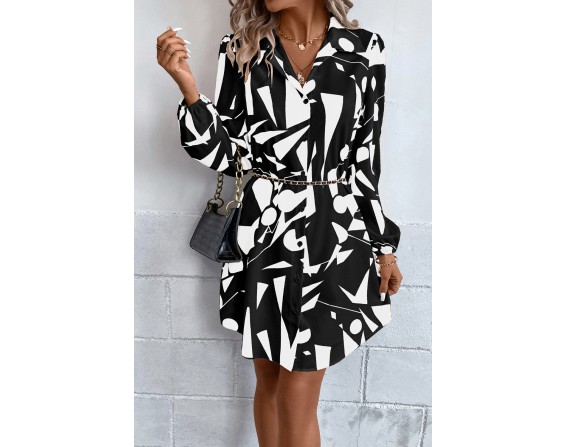 Geometric Long Sleeve Shirt Dress