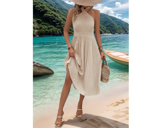 Halter Neck Pleated Midi Dress