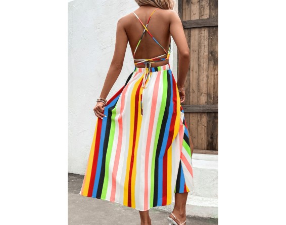 Multicolored Stripe Crisscross Backless Dress