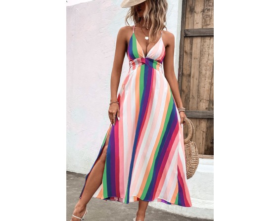 Multicolored Stripe Crisscross Backless Dress