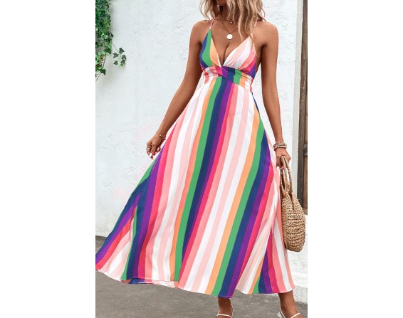 Multicolored Stripe Crisscross Backless Dress