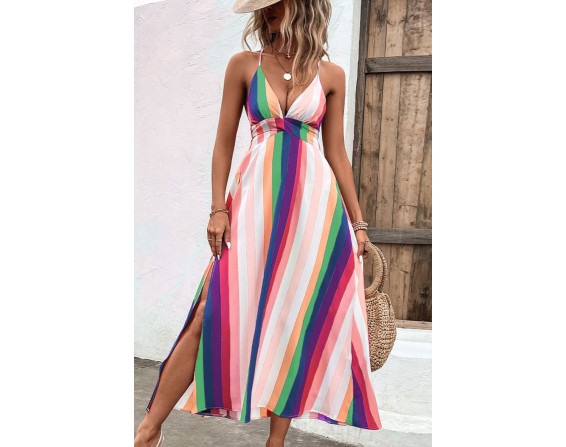 Multicolored Stripe Crisscross Backless Dress