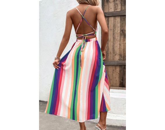 Multicolored Stripe Crisscross Backless Dress