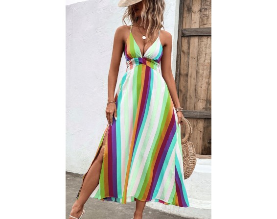 Multicolored Stripe Crisscross Backless Dress