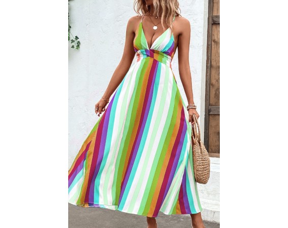 Multicolored Stripe Crisscross Backless Dress