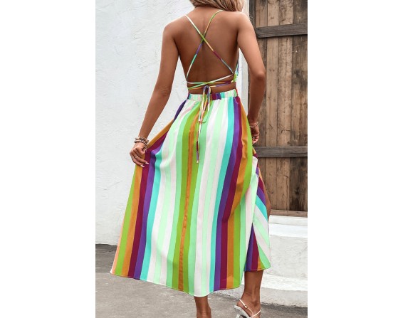 Multicolored Stripe Crisscross Backless Dress