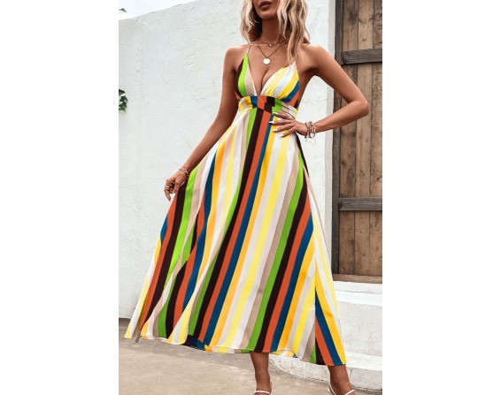 Multicolored Stripe Crisscross Backless Dress