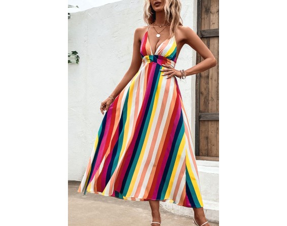 Multicolored Stripe Crisscross Backless Dress