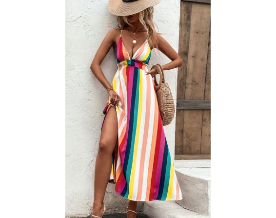 Multicolored Stripe Crisscross Backless Dress