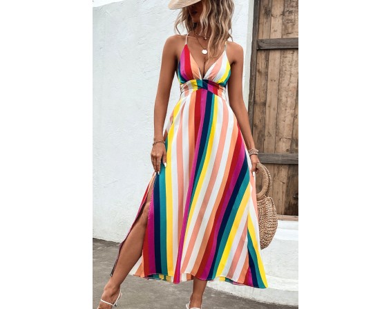 Multicolored Stripe Crisscross Backless Dress