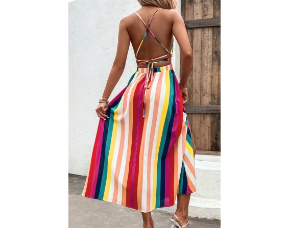 Multicolored Stripe Crisscross Backless Dress