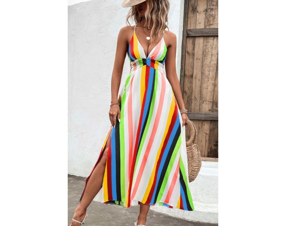 Multicolored Stripe Crisscross Backless Dress