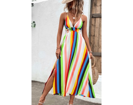 Multicolored Stripe Crisscross Backless Dress