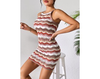 Openwork Striped Spaghetti Strap Knit Dress