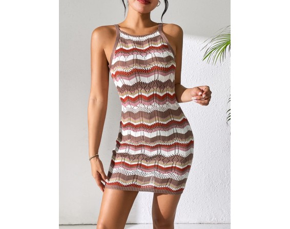 Openwork Striped Spaghetti Strap Knit Dress