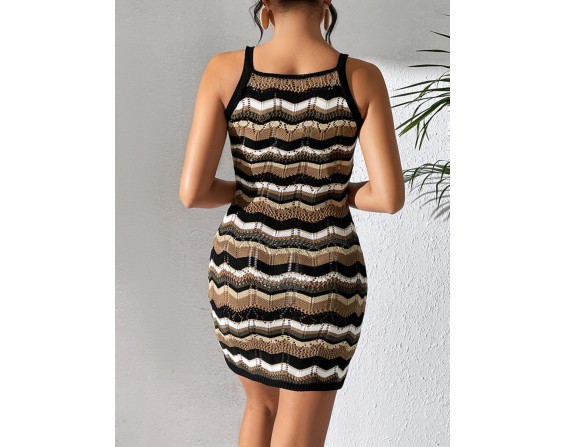 Openwork Striped Spaghetti Strap Knit Dress