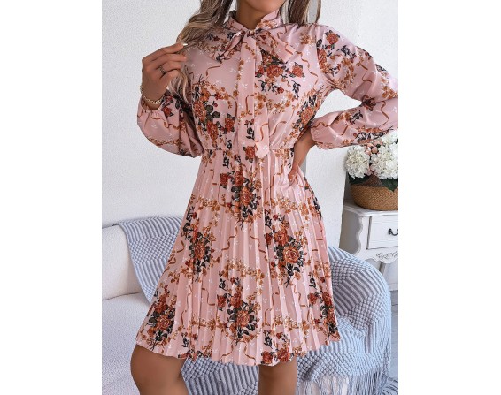 Pleated Printed-Tie Neck Long Sleeve Dress