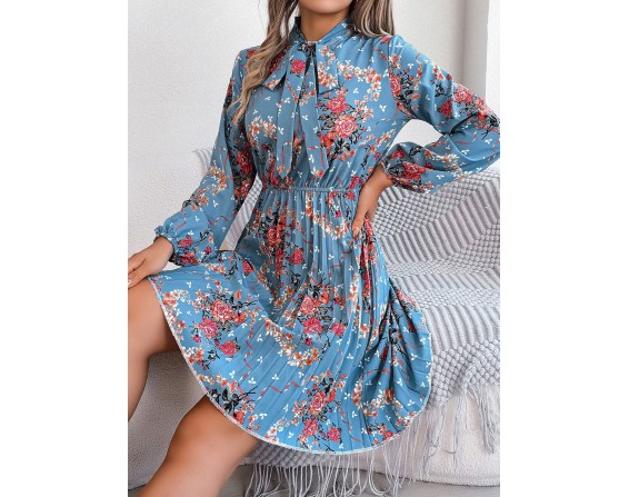 Pleated Printed-Tie Neck Long Sleeve Dress