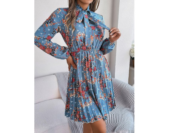 Pleated Printed-Tie Neck Long Sleeve Dress