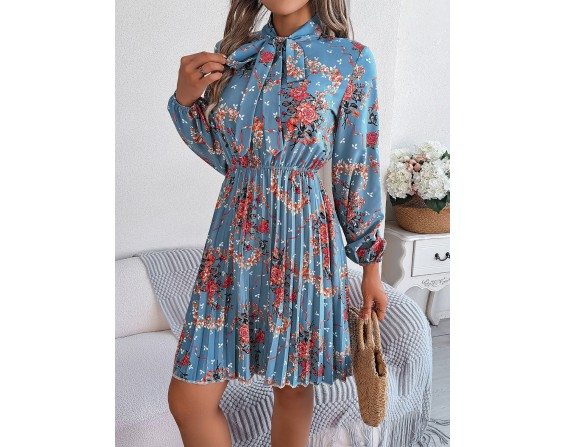 Pleated Printed-Tie Neck Long Sleeve Dress