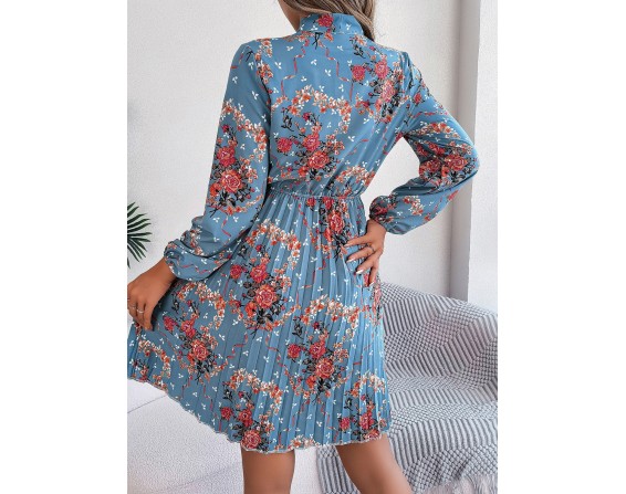 Pleated Printed-Tie Neck Long Sleeve Dress