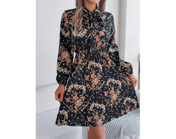 Pleated Printed-Tie Neck Long Sleeve Dress