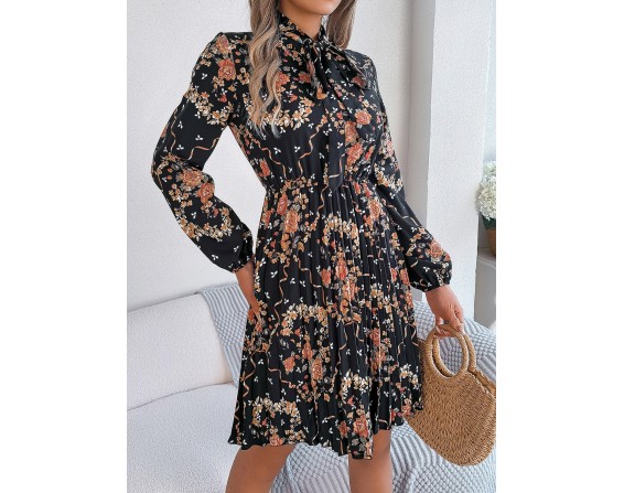 Pleated Printed-Tie Neck Long Sleeve Dress