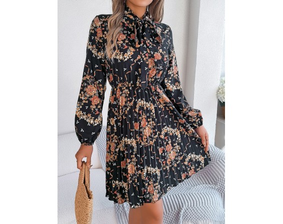 Pleated Printed-Tie Neck Long Sleeve Dress