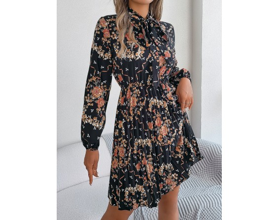 Pleated Printed-Tie Neck Long Sleeve Dress