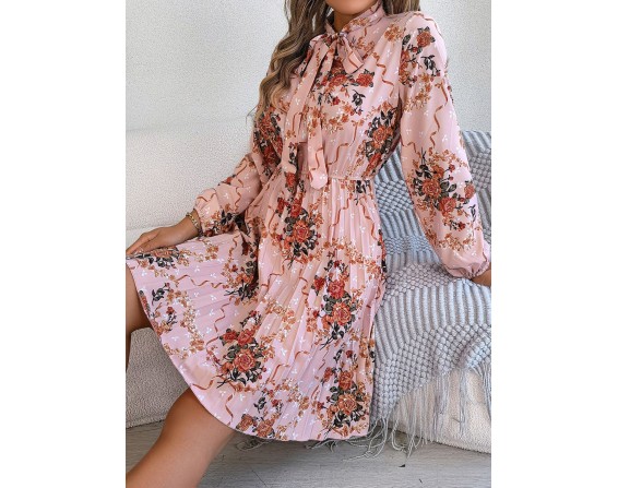 Pleated Printed-Tie Neck Long Sleeve Dress