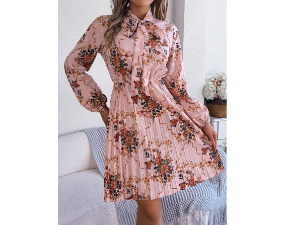 Pleated Printed-Tie Neck Long Sleeve Dress