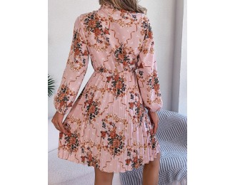 Pleated Printed-Tie Neck Long Sleeve Dress