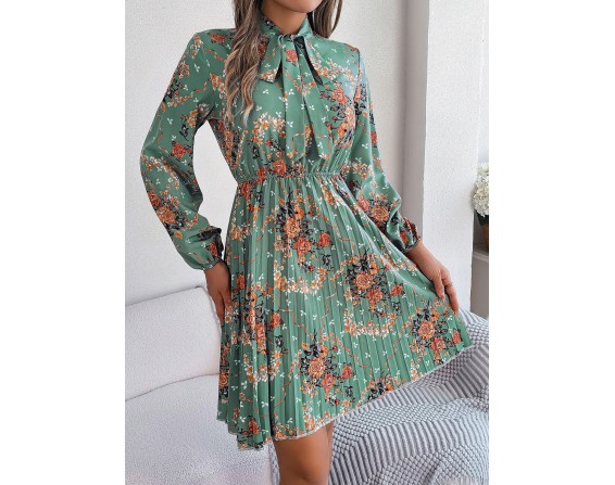 Pleated Printed-Tie Neck Long Sleeve Dress