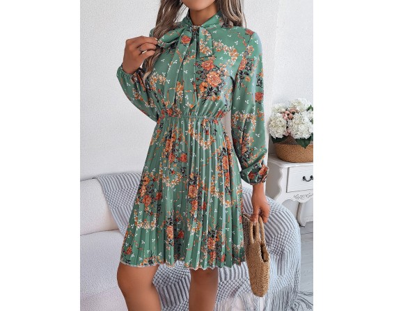 Pleated Printed-Tie Neck Long Sleeve Dress