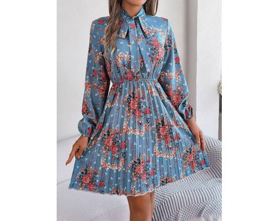 Pleated Printed-Tie Neck Long Sleeve Dress