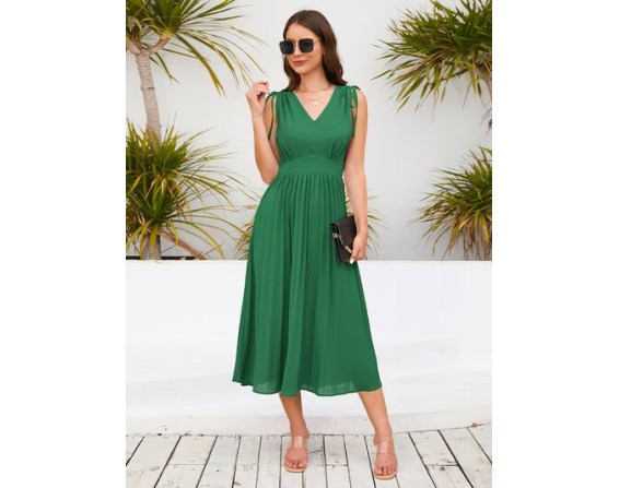 Pleated V-Neck Sleeveless Midi Dress