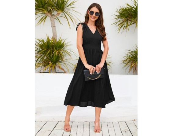 Pleated V-Neck Sleeveless Midi Dress