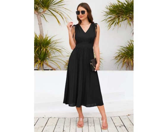 Pleated V-Neck Sleeveless Midi Dress