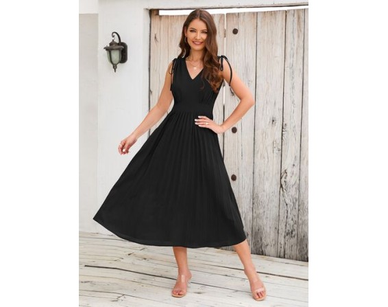 Pleated V-Neck Sleeveless Midi Dress