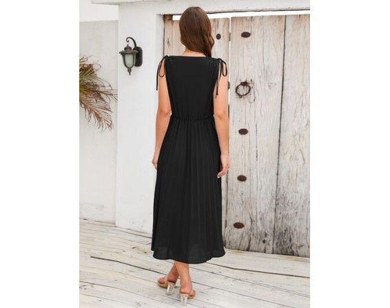 Pleated V-Neck Sleeveless Midi Dress