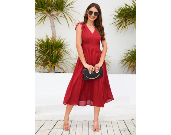 Pleated V-Neck Sleeveless Midi Dress